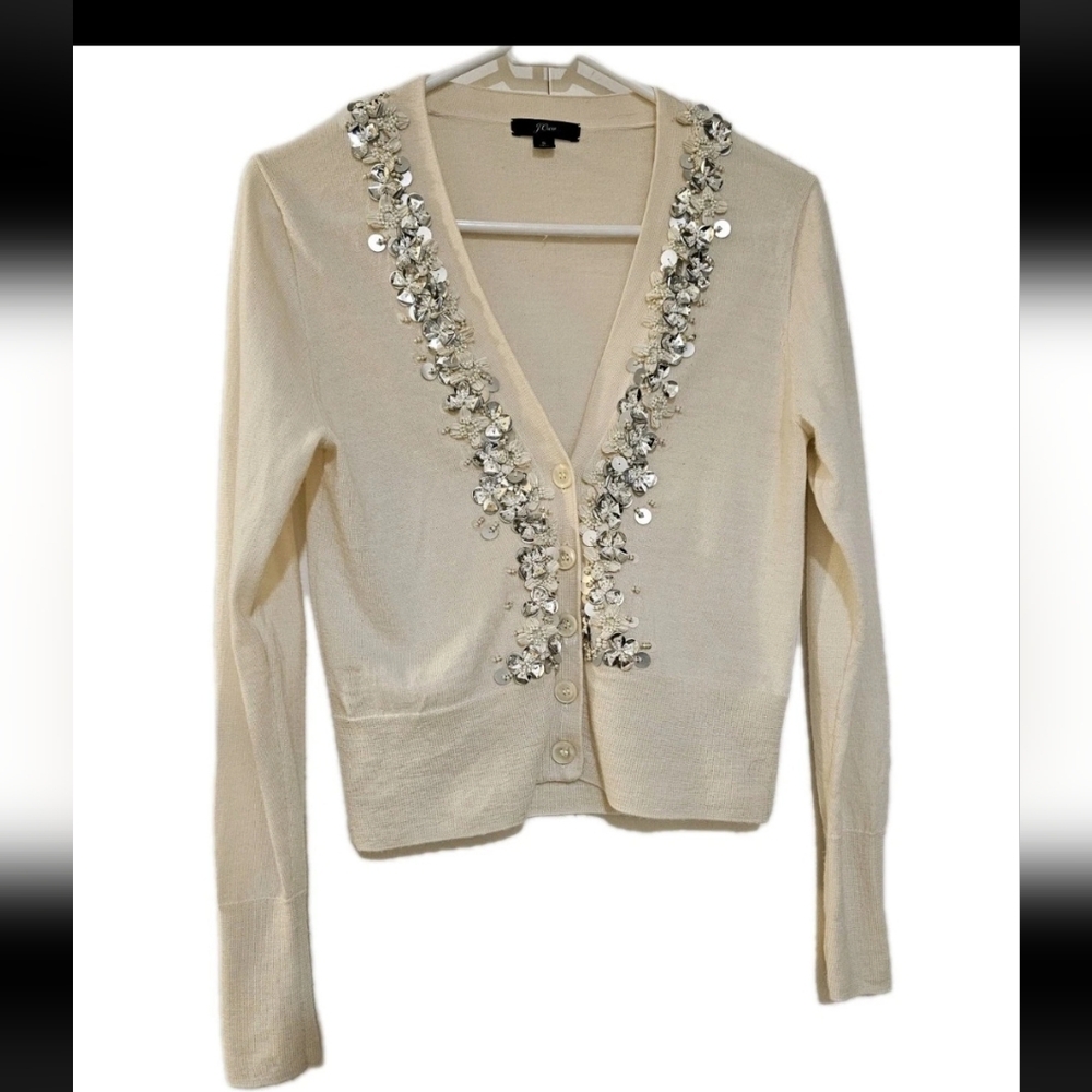 J.crew Cream Merino Wool Cardigan With Silver embellishments S